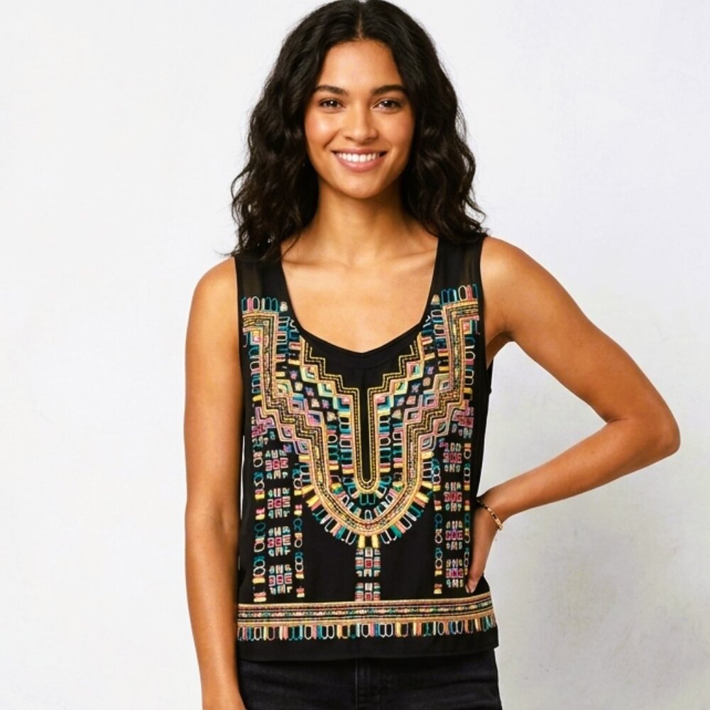 BCBGMAXAZRIA Runway Embroidered Tank Top Black Neon Geometric - S